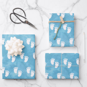 Blauwe Waterverf Baby shower voetafdrukpatroon Inpakpapier Vel