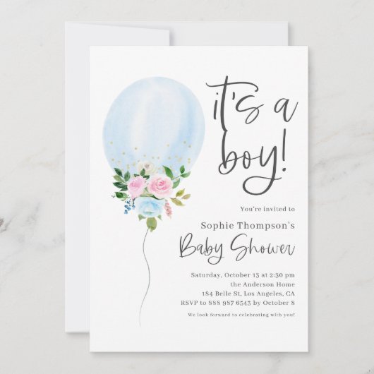 Blauwe Waterverf Ballon Het is een Baby shower van Kaart (Voorkant)