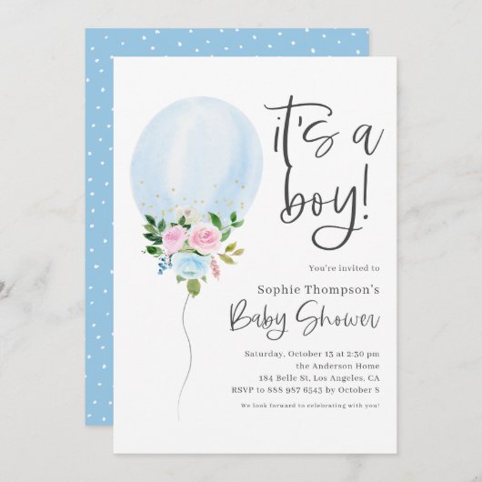 Blauwe Waterverf Ballon Het is een Baby shower van Kaart (Voorkant / Achterkant)