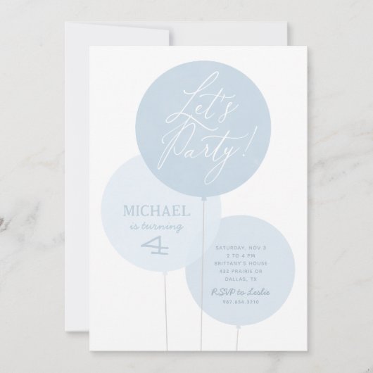 Blauwe Waterverf ballonjongen Birthday Party Invit Kaart (Voorkant)