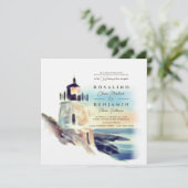 Blauwe Waterverf Beach vuurtoren Landschap Weddens Kaart (Staand voorkant)