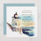 Blauwe Waterverf Beach vuurtoren Landschap Weddens Kaart (Voorkant / Achterkant)