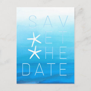 Blauwe Waterverf Beach Weddenschap Save the Date Aankondigingskaart