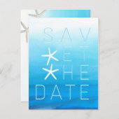 Blauwe Waterverf Beach Weddenschap Save the Date Aankondigingskaart (Voorkant / Achterkant)