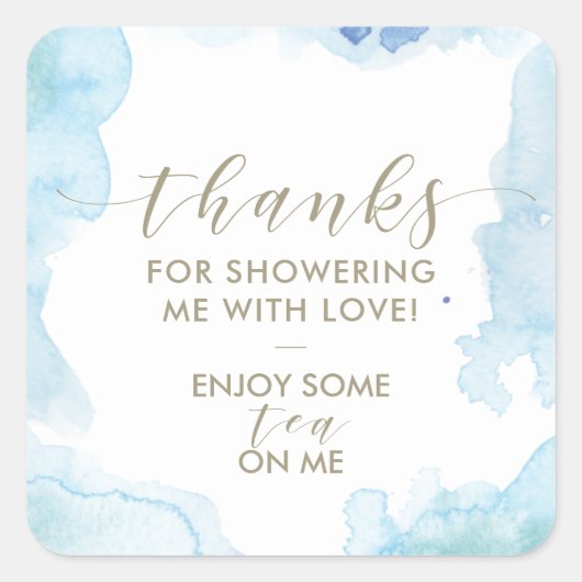 Blauwe Waterverf Bedankt Vrijgezellenfeest Tea Fav Vierkante Sticker (Voorkant)