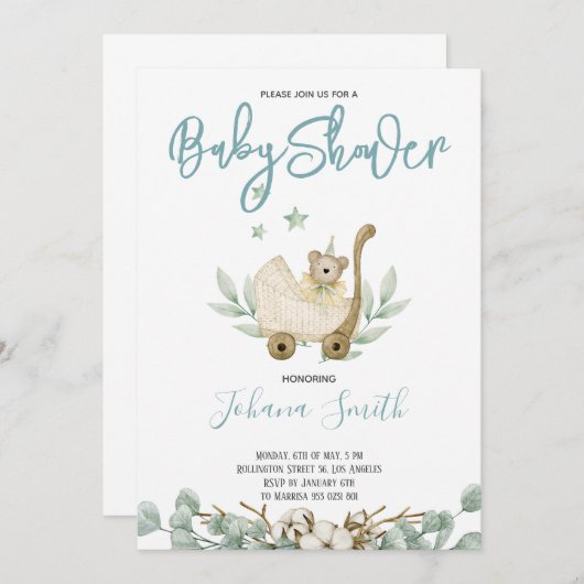 Blauwe Waterverf Beer Baby shower Kaart (Voorkant / Achterkant)