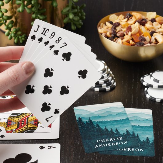 Blauwe waterverf bergen en bosgebied pokerkaarten (Insitu)