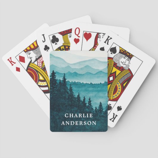 Blauwe waterverf bergen en bosgebied pokerkaarten (Achterkant)