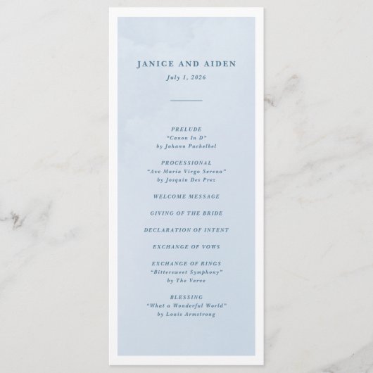 Blauwe Waterverf betoverende Cloudscape bruiloft Programmakaart (Voorkant)