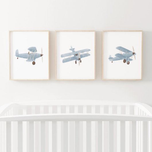 Blauwe Waterverf Biplane Jongen Reizen Kinderkamer Muurkunst Sets