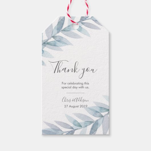 Blauwe waterverf bladeren dank u voor labels cadeaulabel (Voorkant)