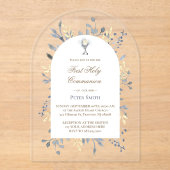 Blauwe waterverf Bladeren Eerste Heilige Communie Acryl Uitnodigingen (Voorkant)