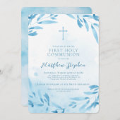 Blauwe Waterverf Bladeren en Kruis Kaart (Voorkant / Achterkant)