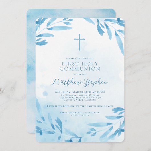 Blauwe Waterverf Bladeren en Kruis Kaart (Voorkant / Achterkant)