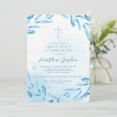 Blauwe Waterverf Bladeren en Kruis Kaart (Staand voorkant)