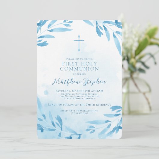 Blauwe Waterverf Bladeren en Kruis Kaart (Staand voorkant)