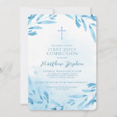 Blauwe Waterverf Bladeren en Kruis Kaart (Voorkant)