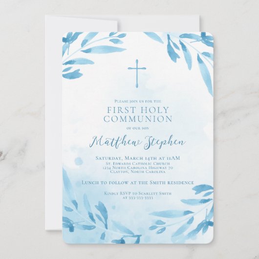 Blauwe Waterverf Bladeren en Kruis Kaart (Voorkant)