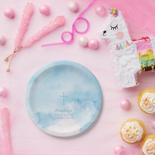 Blauwe Waterverf Bladeren en Kruis Papieren Bordje (Feest)