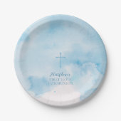 Blauwe Waterverf Bladeren en Kruis Papieren Bordje (Voorkant)