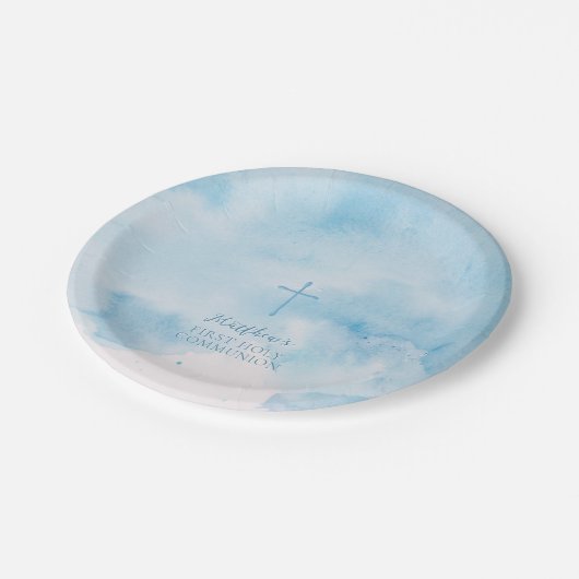 Blauwe Waterverf Bladeren en Kruis Papieren Bordje (Gekanteld)