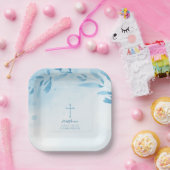 Blauwe Waterverf Bladeren en Kruis Papieren Bordje (Feest)