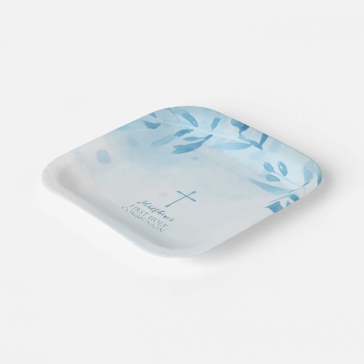 Blauwe Waterverf Bladeren en Kruis Papieren Bordje (Gebogen)