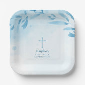 Blauwe Waterverf Bladeren en Kruis Papieren Bordje (Voorkant)