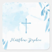 Blauwe Waterverf Bladeren en Kruis Vierkante Sticker (Voorkant)