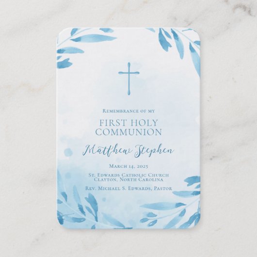 Blauwe Waterverf Bladeren en Kruis Visitekaartje (Voorkant)