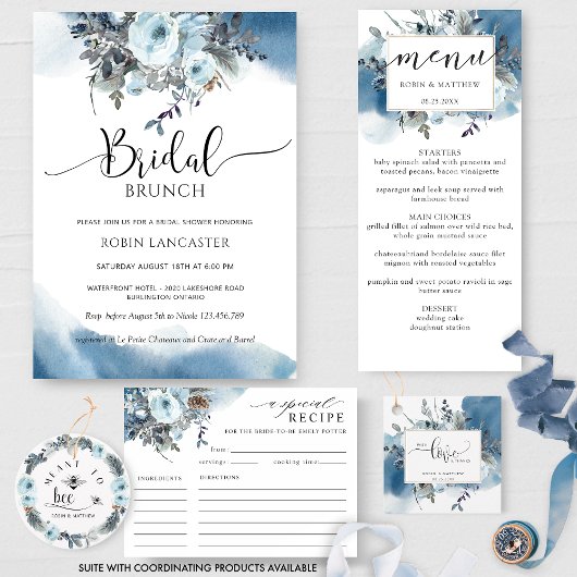 Blauwe Waterverf, Blauwe Bloemen Bruidsbrunch/Douc Kaart