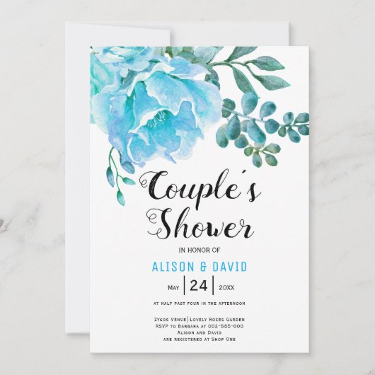 Blauwe Waterverf bloeit bruiloft koppels douche Kaart (Voorkant)