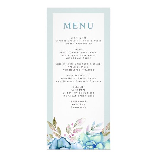 Blauwe waterverf bloeit bruiloft menukaart reclamekaart (Voorkant)