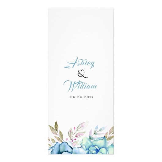 Blauwe waterverf bloeit bruiloft menukaart reclamekaart (Achterkant)