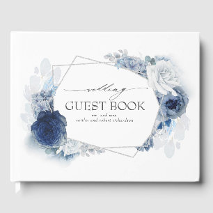 Blauwe Waterverf bloeit Elegant Zilveren Bruiloft Gastenboek