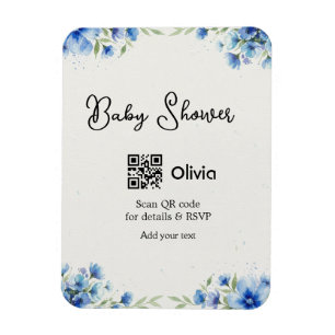 Blauwe waterverf bloem baby shower scan QR RSVP pa Magneet