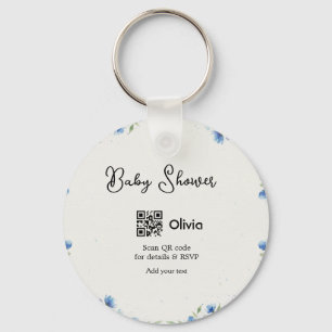 Blauwe waterverf bloem baby shower scan QR RSVP pa Sleutelhanger