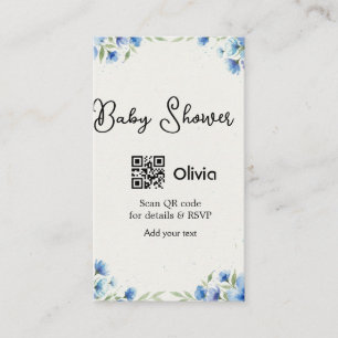 Blauwe waterverf bloem baby shower scan QR RSVP pa Visitekaartje