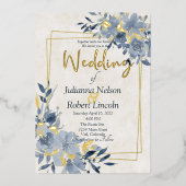 Blauwe waterverf bloem en gouden lijst bruiloft folie uitnodiging (Voorkant)