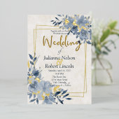 Blauwe waterverf bloem en gouden lijst bruiloft folie uitnodiging (Staand Voorkant)