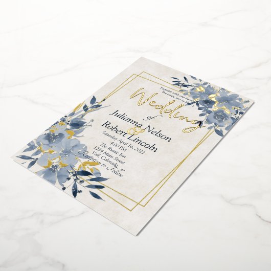 Blauwe waterverf bloem en gouden lijst bruiloft folie uitnodiging (Gedraaid)