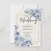Blauwe waterverf bloem en gouden lijst bruiloft in kaart (Voorkant)