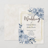 Blauwe waterverf bloem en gouden lijst bruiloft in kaart (Voorkant / Achterkant)