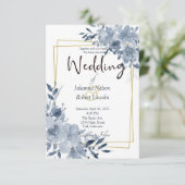Blauwe waterverf bloem en gouden lijst bruiloft in kaart (Staand voorkant)
