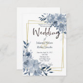 Blauwe waterverf bloem en gouden lijst bruiloft in kaart (Voorkant / Achterkant)