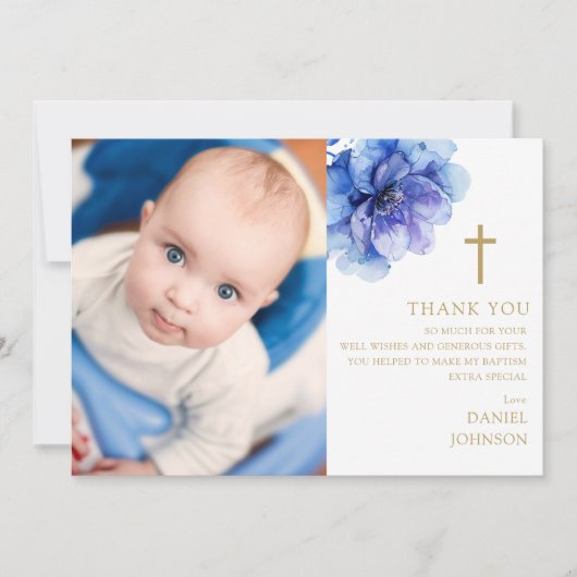 Blauwe Waterverf Bloem Foto Doopsel Doopsel Bedankkaart (Voorkant)