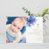 Blauwe Waterverf Bloem Foto Doopsel Doopsel Bedankkaart (Staand voorkant)