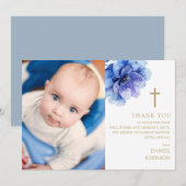 Blauwe Waterverf Bloem Foto Doopsel Doopsel Bedankkaart (Voorkant / Achterkant)