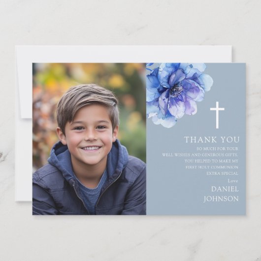 Blauwe Waterverf Bloem Foto Eerste Heilige Communi Bedankkaart (Voorkant)