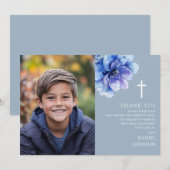 Blauwe Waterverf Bloem Foto Eerste Heilige Communi Bedankkaart (Voorkant / Achterkant)